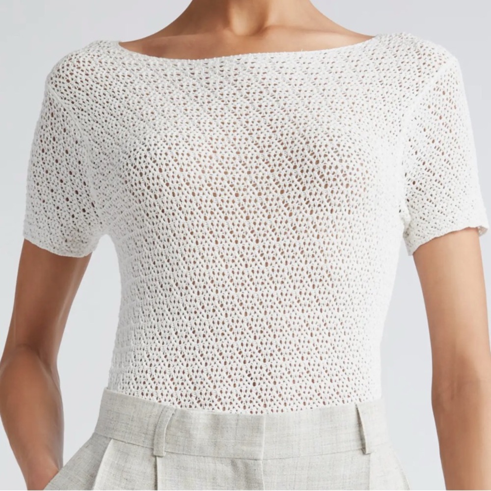 Toteme White Fitted Ribbed Short Sleeve Blouse